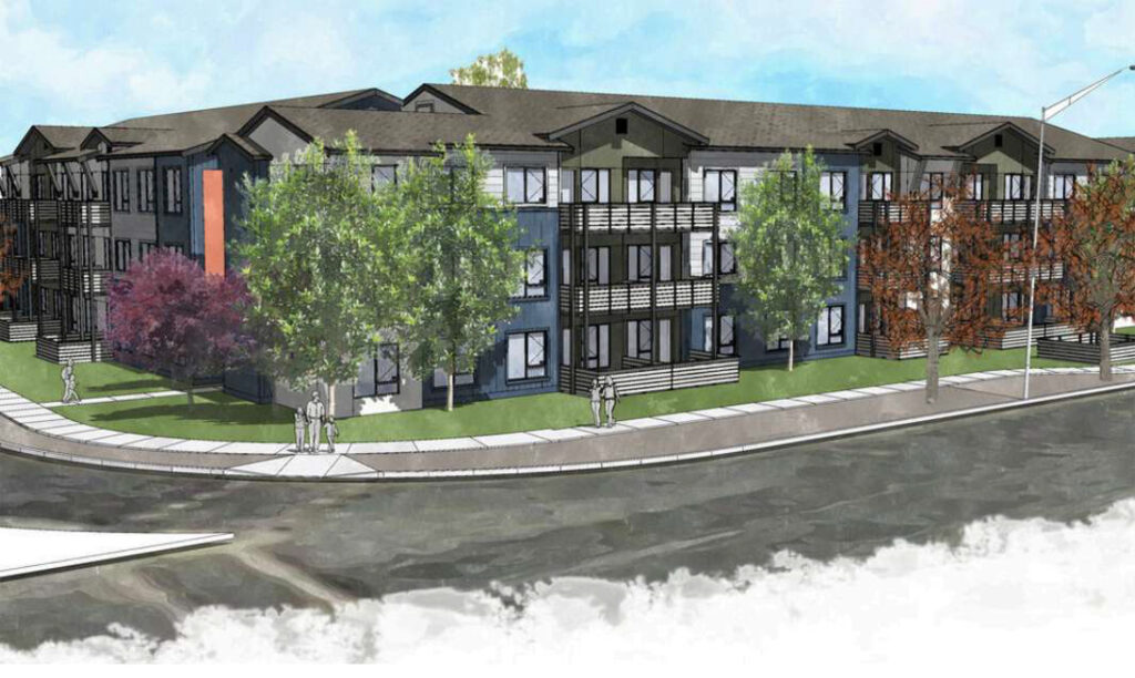 Rendering of a modern three-story apartment building with balconies, surrounded by trees and green lawns, situated on a corner lot with pedestrians walking on the sidewalks.