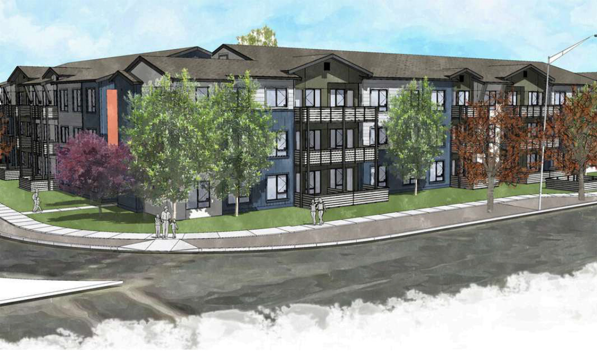 Rendering Of A Modern Three-Story Apartment Building With Balconies, Surrounded By Trees And Green Lawns, Situated On A Corner Lot With Pedestrians Walking On The Sidewalks.